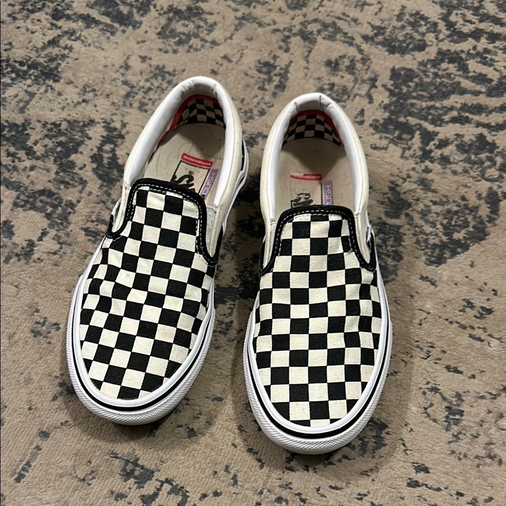 Vans Black and White Checkerboard Slip-On Sneakers Pop Cushion Skateboarding